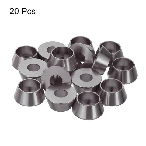 M8 Cone Cup Washers Anodized Aluminum Titanium Gray Flange Gaskets Heavy Duty Fasteners For Rc Drones Cars And Modded Builds Top Shelf 20 Pack, gray flange gaskets stacked together.