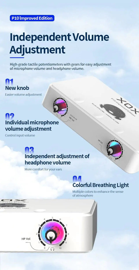 P10 USB Audio Interface For Live Streaming And Podcasting featuring volume adjustment knobs and colorful breathing light