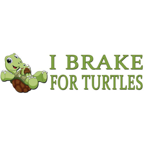 Car bumper magnet featuring two green turtles with I Brake for Turtles text, 10 x 3 inches.