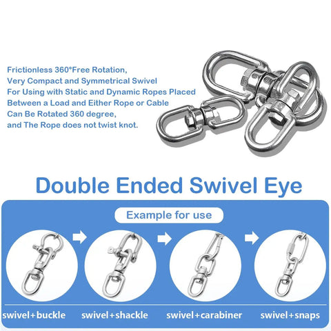 Heavy Duty Double Ended Eye To Eye Swivel Ring 304 Stainless Steel M8 Hardware 2 Pack For Tree Swings Rigging Carabiner Style Dismounting Connectors Rust Resistant High Load Bearing, 360° swivel eye hooks