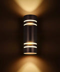 Dope Oil Bronze Outdoor Wall Light With Up Down Sconce For Porch And Garage Exterior, showing illuminated bronze fixture.