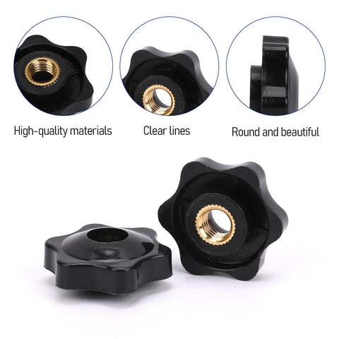 Two black 1/4-20 star-shaped clamping knobs with brass threaded inserts.