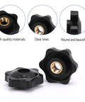 Heavy Duty 30 Pack Of 1/4-20 Six Point Star Knobs With Reinforced Brass Inserts visible, black knobs with brass inserts for clamping.