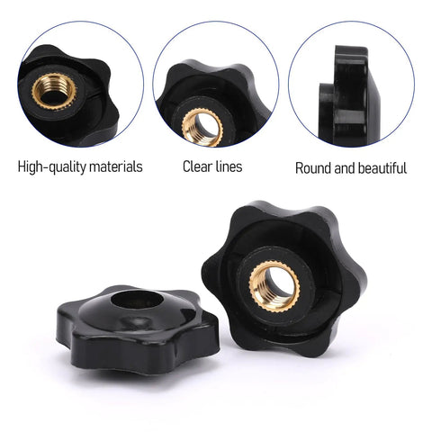 Heavy Duty 30 Pack Of 1/4-20 Six Point Star Knobs With Reinforced Brass Inserts visible, black knobs with brass inserts for clamping.