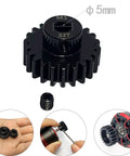 M1 Pinion Gear Set 5mm Hardened 22T for 1/8 and 1/7 RC Cars with hex key, showing installation process and dimensions.