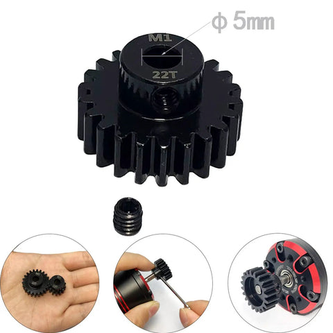 M1 Pinion Gear Set 5mm Hardened 22T for 1/8 and 1/7 RC Cars with hex key, showing installation process and dimensions.