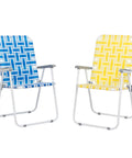 Set Of 2 Portable Folding Lawn Chairs For Patio Or Beach Use, Webbed Seats With Higher Backrests, Heavy Duty Metal Frame, Blue and Yellow