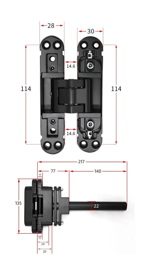 Adjustable Hydraulic Hidden Door Hinge With 180 Degree Concealed Opening Smooth Soft Close Door Hardware, dimensions shown