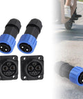 Heavy Duty Two Pack M23 8 Pin Power Connector 50A 500V IP67 Waterproof Male And Female Plug cable connectors on white background.