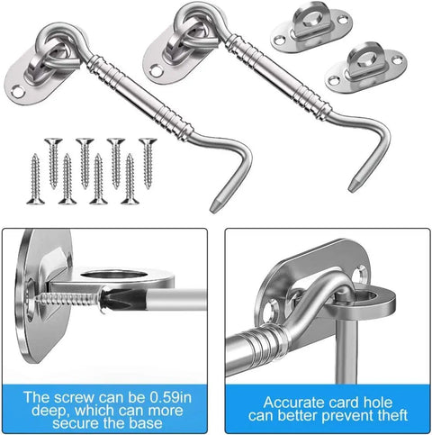Hook and Eye Latch for Gate Cabinet Door Window Stainless Steel Lock set with screws, showing details of secure installation