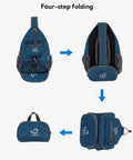 Four-step folding of packable small crossbody sling backpack for travel and hiking ultralight water resistant daypack chest bag.