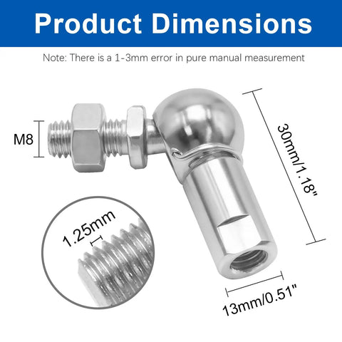 4 Pack M8 Right Thread Ball Head Joint Rod End Bearing Set, Universal Self Lubricating Ball Socket Joints for Cars, Hinges, Cabinets, 360 Degree Rotation, Durable Carbon Steel With Zinc Finish, M8 30mm dimension view