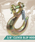 Close-up of 3/8 Inch Grade 70 Forged Clevis Slip Hook with safety latch for heavy duty truck rigging, rated 21600 lbs break strength.