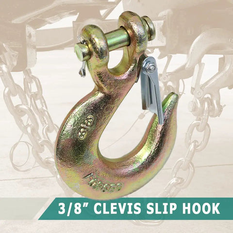 Close-up of 3/8 Inch Grade 70 Forged Clevis Slip Hook with safety latch for heavy duty truck rigging, rated 21600 lbs break strength.