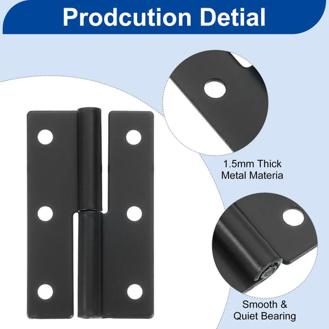 Six Pack Of Top Shelf Black Iron Lift Off Hinges Kickin It Easy For Left Handed Cabinets Smooth Operating Detachable Butt Hinges Hella Durable Door Hardware With Screws Included showing 1.5mm thick metal, smooth bearing design.