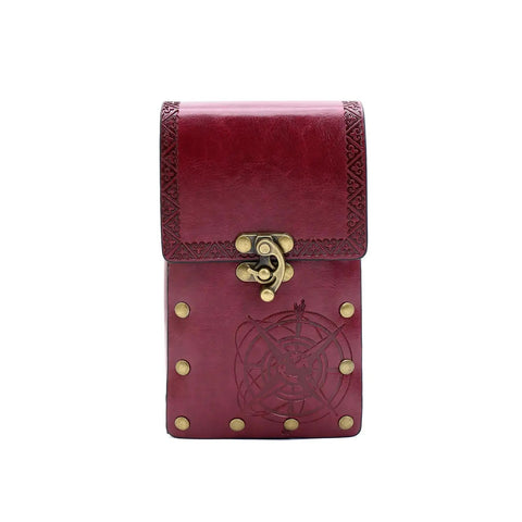 Badass Vintage Medieval Cosplay Belt For Men With Embossed Pu Leather Strap And Easy Adjust Buckle, red with decorative engravings.