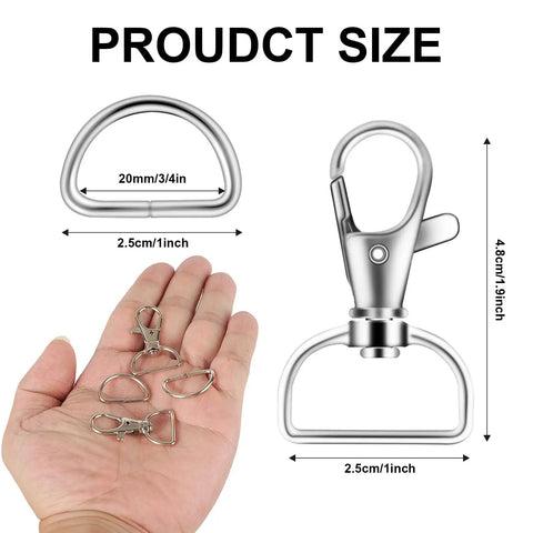 Straight Up Badass Swivel Snap Hooks And D Rings, Heavy Duty Zinc Alloy Keychain Clips And Craft Gear, Pack Of One Hundred Silver Finish For Outdoor Adventures, size comparison, four clips in hand.