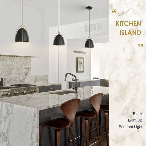 Dope Black Dome Pendant Light With Gold Trim For Kitchen Island And Dining Room Modern Hanging Fixture Over Marble Countertop
