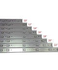 Various sizes of drawer slides from 10 to 24 inches, includes 18 Inch Drawer Slides 10 Pack - 100 Lb Capacity Full Extension Side Mount With Dual Ball Bearing Rollers, 3-Section Rugged Beefy Heavy Duty, Zinc Plated Cold Rolled Steel, Smooth Glide Guaranteed.