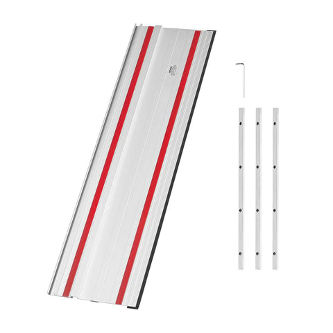 Heavy Duty Track Saw Guide Rail Kit Featuring Four Durable Aluminum Extrusion Bars And Three Secure Snap Lock Connectors showing four aluminum rails and connectors.