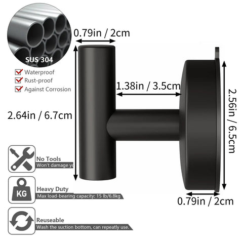 Dimensions and features of Large Suction Cup Shower Hooks Set Of 2 Black Stainless Steel Towel Hooks For Bathrooms Inside Shower