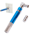 Coax Cable Finder Kit Pocket Toner And Continuity Tracer with blue handle, light, buzzer next to wall socket, and barrel connector.