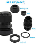 Rugged One Half Inch NPT Cable Glands Set in Black Nylon Waterproof Adjustable Strain Relief Cord Grips shown disassembled