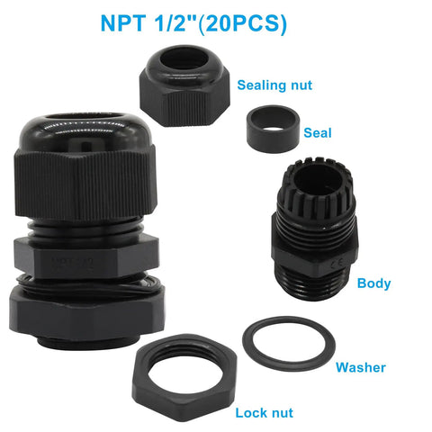 Rugged One Half Inch NPT Cable Glands Set in Black Nylon Waterproof Adjustable Strain Relief Cord Grips shown disassembled