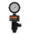 Aquatonics pressure regulator with gauge and air relief valve, black body, front view.