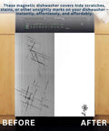 Glossy White Magnetic Dishwasher Cover Front Panel For A Fresh Kitchen Makeover With Reusable Dry Erase Surface Perfect For To Do Lists Groceries And Messages 23.5 By 26 Inches Appliance Wrap Skin showing before and after installation on a dishwasher.