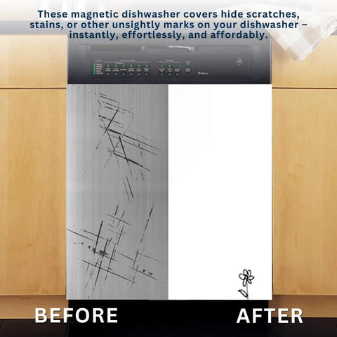 Glossy White Magnetic Dishwasher Cover Front Panel For A Fresh Kitchen Makeover With Reusable Dry Erase Surface Perfect For To Do Lists Groceries And Messages 23.5 By 26 Inches Appliance Wrap Skin showing before and after installation on a dishwasher.
