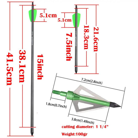 Dimensions of Carbon Crossbow Bolts For Hunting And Practice, 7.5 Inch Arrows With 2 Inch Vanes, 100 Grain Broadheads, Green