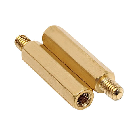 Genuine Solid Brass Hex Standoffs M4 X 25mm By 6mm Spacers With Male Female Threads 30 Piece Kit showing two brass spacers.