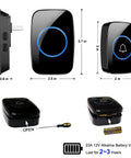 Dimensions and details of Waterproof Wireless Doorbell Kit With Front And Rear Door Distinction, Over 1000 Feet Range, 60 Chimes, Five Volume Levels And LED Flash, The No-Brainer Choice For Home Office Classroom And Apartment, including battery installation.