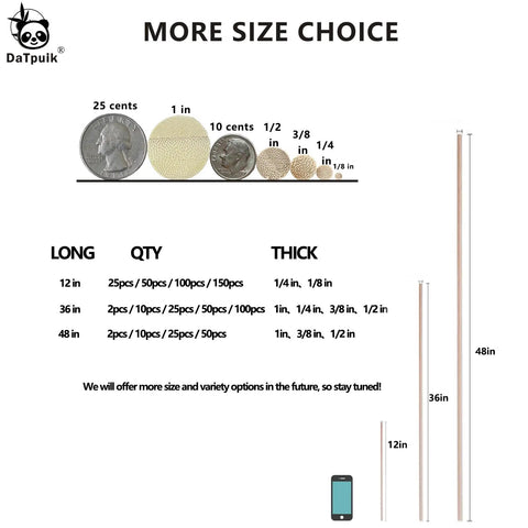 Unfinished Natural Bamboo Dowel Rods Quarter Inch By Twelve Inch 25 Pack Hardwood Craft Sticks size comparison with coins and lengths.