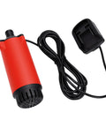 Portable Cordless Water Transfer Pump With 21V Submersible Design and Sturdy Build showing red pump and connection cable for irrigation tasks.
