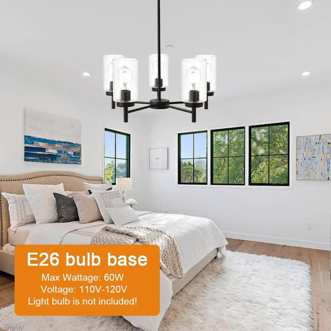 Contemporary 5-Light Large Chandelier In Oil Rubbed Bronze With Clear Glass Shades in a bedroom setting, vaulted ceiling compatible