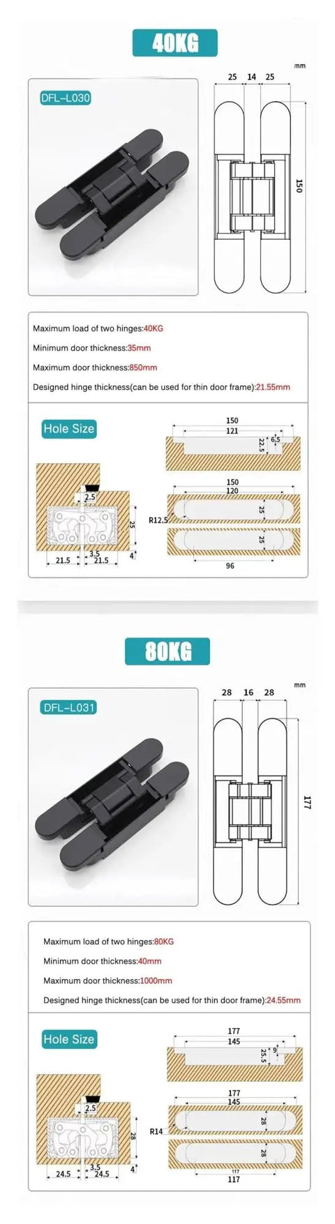 Hidden Invisible Door Hinges For Furniture Fittings With 40kg 80kg Load Capacity shown with dimensions and installation details.