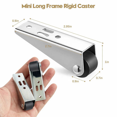 Mini long frame rigid caster wheel in hand with measurements labeled, showing nylon and steel construction.