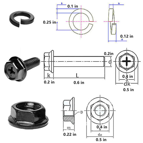 Stainless Steel Black License Plate Screws 4 Pack With M6 Flange Bolts Frame Fasteners And Washers For Cars And Trucks Cross Recessed Hex Hardware Set For Strong Easy Mount with detailed measurements and specifications layout.