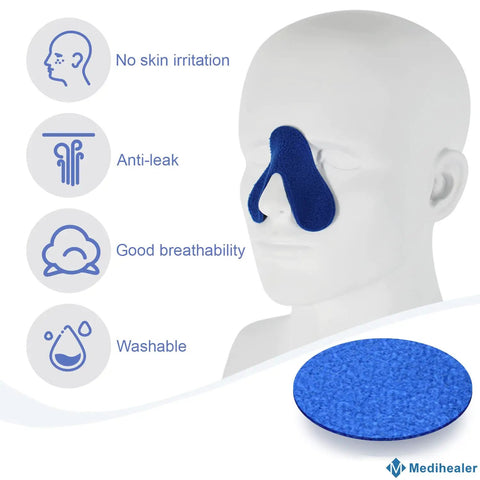 Mannequin wearing blue nose pad, highlights include no skin irritation, anti-leak, breathable; part of 12 Pack Nose Pads For Comfy Fit And Leak Prevention.