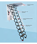 Pro Grade Electric Heavy Duty Retractable Attic Ladder With Hella Tough Aluminum Frame and Wide Non Slip Steps on display, showcasing features.