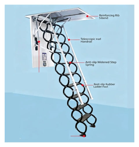 Pro Grade Electric Heavy Duty Retractable Attic Ladder With Hella Tough Aluminum Frame and Wide Non Slip Steps on display, showcasing features.