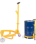 55 Gallon Heavy Duty Drum Dolly With Swivel Wheels And 1200 Lbs Capacity, Adjustable Ergonomic Handle For Easy Maneuvering And Secure Barrel Transport In Shops, Garages, And Warehouses. Yellow steel drum dolly with blue 55-gallon barrel