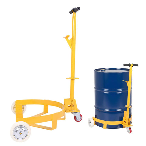 55 Gallon Heavy Duty Drum Dolly With Swivel Wheels And 1200 Lbs Capacity, Adjustable Ergonomic Handle For Easy Maneuvering And Secure Barrel Transport In Shops, Garages, And Warehouses. Yellow steel drum dolly with blue 55-gallon barrel