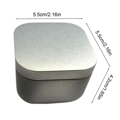 Square silver metal tin box with rounded edges, dimensions 5.5cm x 5.5cm x 4.2cm, suitable for small storage.