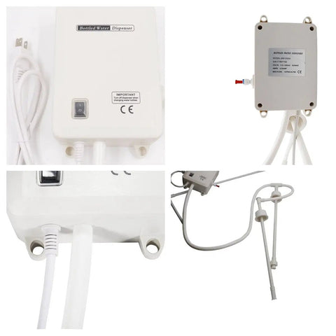 Components of 5 Gallon Water Dispenser Pump, Plug And Play Automatic Bottle Water Pump visible with power cables and nozzle.
