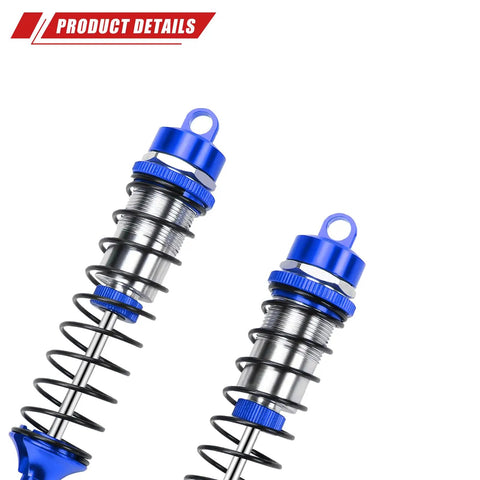 Close-up of deep blue Gorgon Big Bore Shocks Set for ARRMA 1 to 10 scale RC cars, featuring aluminum and extra hard springs.