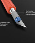 Close-up of blade and handle from 13 Piece Precision Craft Knife Set With Interchangeable Blades And Ergonomic Handles Ideal For Pumpkin Carving