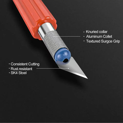Close-up of blade and handle from 13 Piece Precision Craft Knife Set With Interchangeable Blades And Ergonomic Handles Ideal For Pumpkin Carving